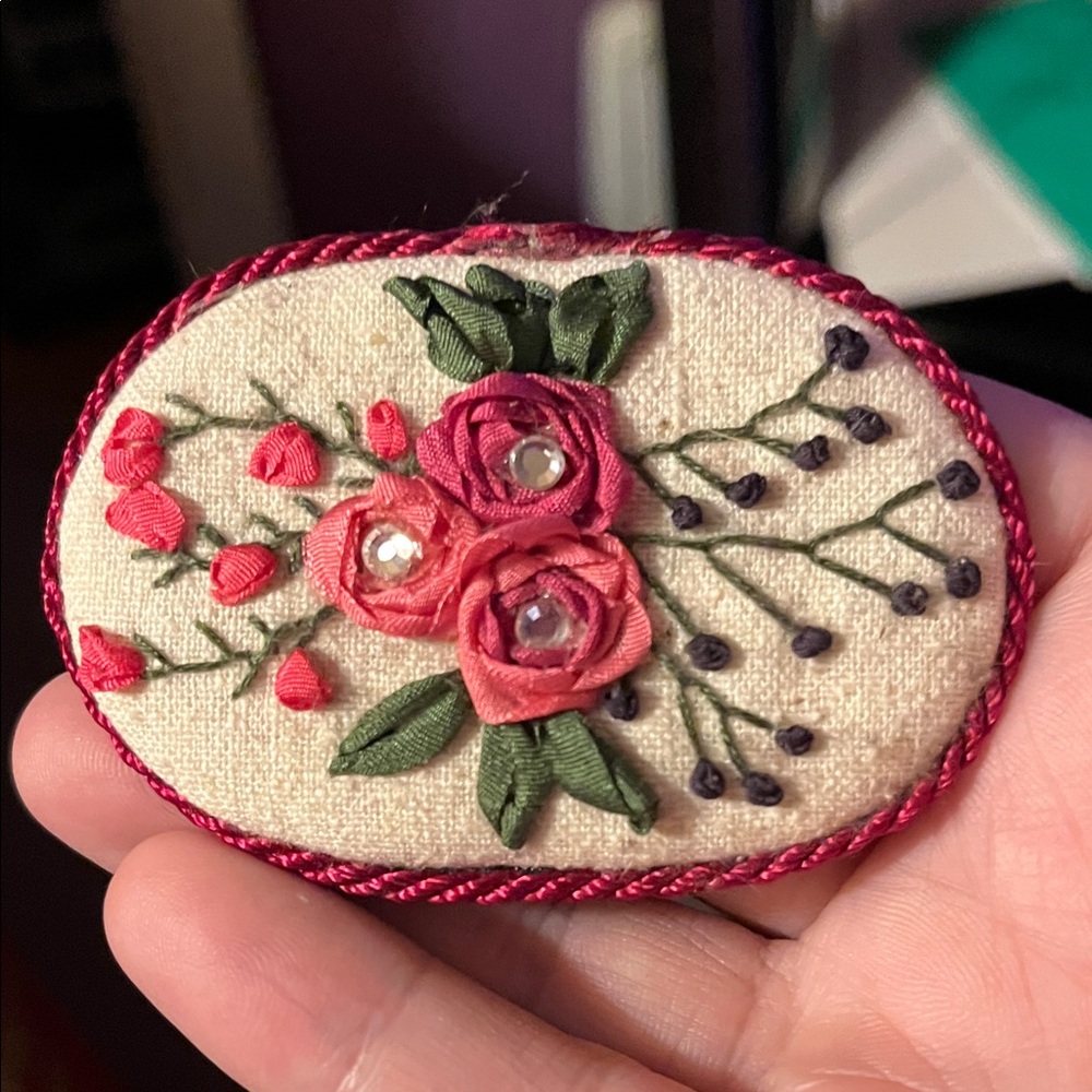 Floral Embroidered Brooch with Red and Green Accents